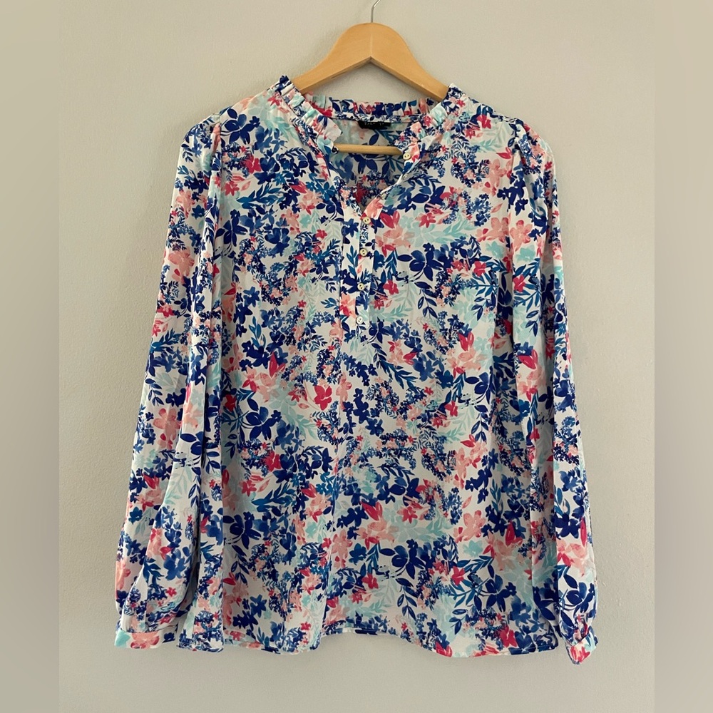 Talbots Blue and Pink Floral Long Sleeve Blouse